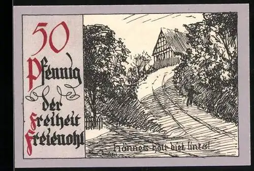 Notgeld Freienohl, 50 Pfennig, Der Freiheit Freienohl im Sauerland mit Landschaftszeichnung