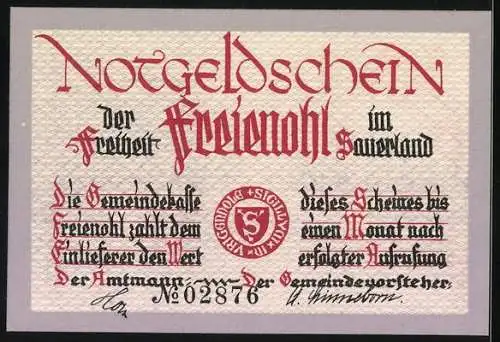 Notgeld Freienohl, 50 Pfennig, Der Freiheit Freienohl im Sauerland mit Landschaftszeichnung