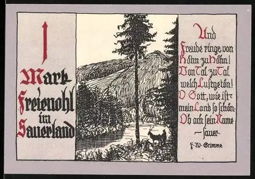 Notgeld Freienohl im Sauerland, 1 Mark, Waldlandschaft mit Gedicht von F.W. Grimme, Nr. 05512