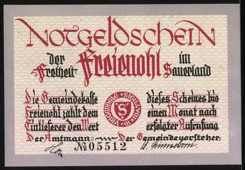 Notgeld Freienohl im Sauerland, 1 Mark, Waldlandschaft mit Gedicht von F.W. Grimme, Nr. 05512