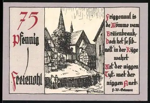 Notgeld Freienohl, 75 Pfennig, Zeichnung von Fachwerkhäusern mit Kirche und Text in alter Schrift