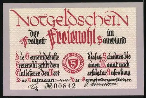 Notgeld Freienohl, 75 Pfennig, Zeichnung von Fachwerkhäusern mit Kirche und Text in alter Schrift