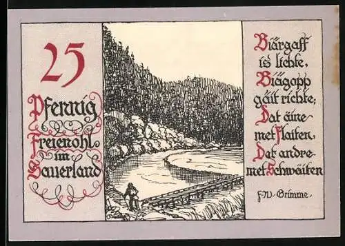 Notgeld Freienohl im Sauerland, 25 Pfennig, Landschaft mit Fluss und Wald, Text von F.W. Grimme, Nr. 00536