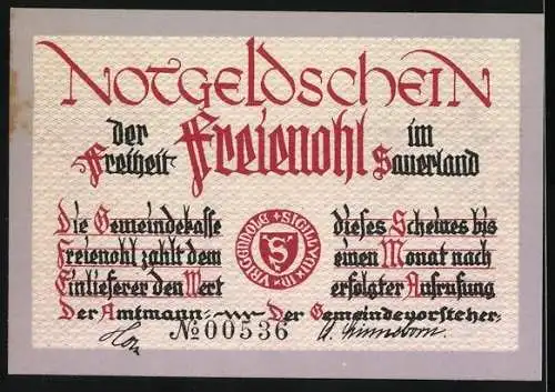 Notgeld Freienohl im Sauerland, 25 Pfennig, Landschaft mit Fluss und Wald, Text von F.W. Grimme, Nr. 00536