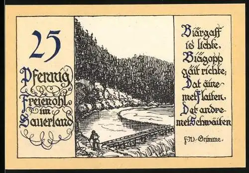 Notgeld Freienohl im Sauerland, 25 Pfennig, Landschaft mit Fluss und Gedicht von F.W. Grimme