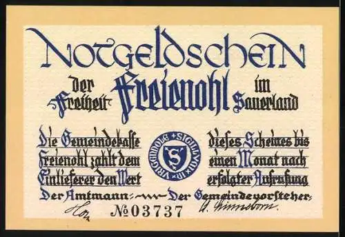 Notgeld Freienohl im Sauerland, 25 Pfennig, Landschaft mit Fluss und Gedicht von F.W. Grimme