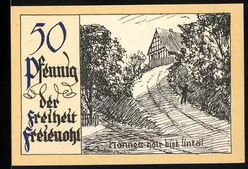 Notgeld Freienohl, 50 Pfennig, Zeichnung eines Fachwerkhauses und Landschaft, Nummer 08243