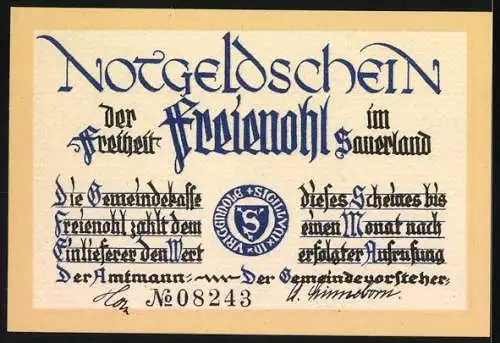 Notgeld Freienohl, 50 Pfennig, Zeichnung eines Fachwerkhauses und Landschaft, Nummer 08243