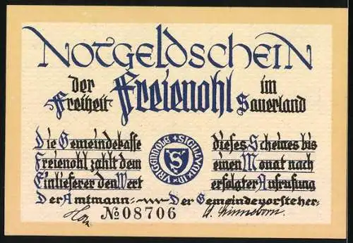 Notgeld Freienohl, 75 Pfennig, historische Gebäude und plattdeutscher Text, Nr. 08706