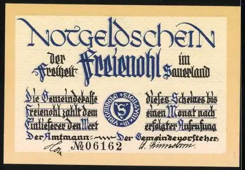 Notgeld Freienohl, 1 Mark, Sauerland, Landschaftsabbildung und Gedicht von F. W. Grimme, Seriennummer 06162