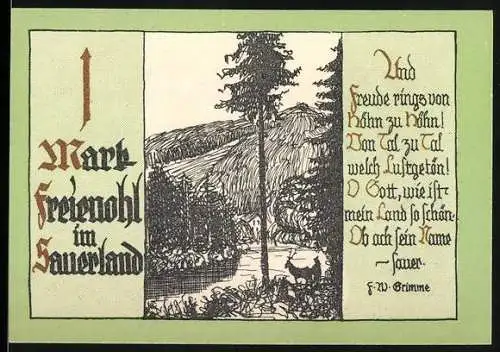 Notgeld Freienohl im Sauerland, 1 Mark, Landschaftsbilder und Gedicht von F.W. Grimme, 05442