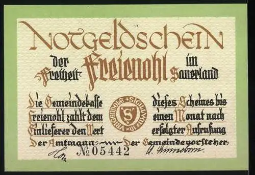 Notgeld Freienohl im Sauerland, 1 Mark, Landschaftsbilder und Gedicht von F.W. Grimme, 05442