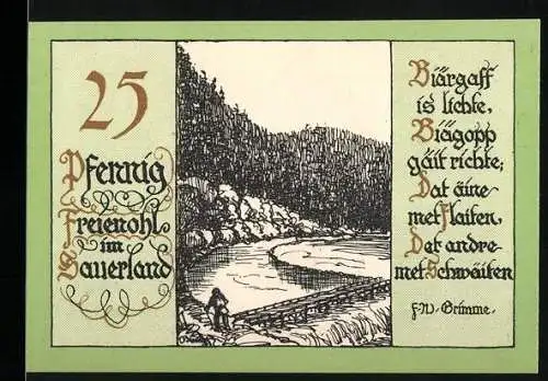 Notgeld Freienohl im Sauerland, 25 Pfennig, Landschaft mit Fluss und Gedicht von F.W. Grimme