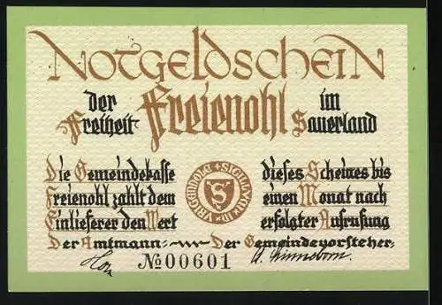 Notgeld Freienohl im Sauerland, 25 Pfennig, Landschaft mit Fluss und Gedicht von F.W. Grimme