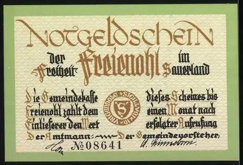 Notgeld Freienohl, 75 Pfennig, Darstellung eines Dorfes mit Fachwerkhäusern und Text über Geschichte Freienohls