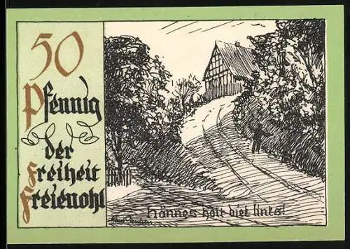 Notgeld Freienohl, 50 Pfennig, der Freiheit im Sauerland, grüne Bordüre, ländliche Szene