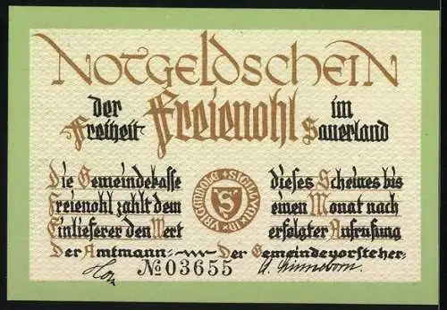 Notgeld Freienohl, 50 Pfennig, der Freiheit im Sauerland, grüne Bordüre, ländliche Szene