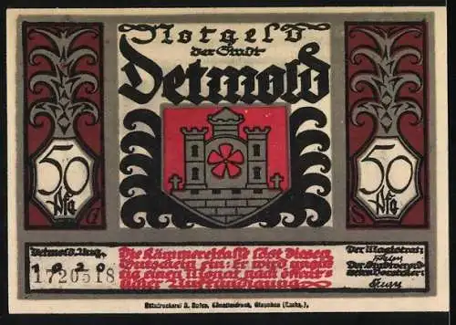 Notgeld Detmold, 1920, 50 Pfennig, Illustration mit Cheruskern und Stadtwappen