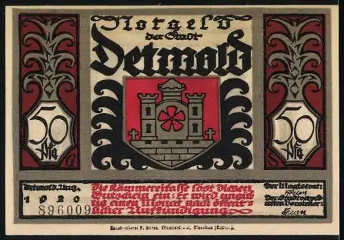 Notgeld Detmold, 1920, 50 Pfennig, Silhouetten von Waldszene mit Text und Stadtwappen mit Burg und Blume