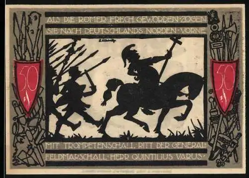Notgeld Detmold, 1920, 50 Pfennig, römische Soldaten und Stadtwappen