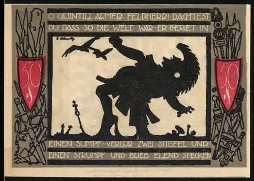 Notgeld Detmold, 1920, 50 Pfennig, Stadtwappen und Silhouette eines Feldherrn im Sumpf