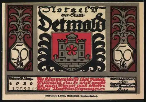 Notgeld Detmold, 1920, 50 Pfennig, Stadtwappen und Silhouette eines Feldherrn im Sumpf