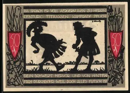 Notgeld Detmold, 1920, 50 Pf, Silhouetten und Stadtwappen, Serie 4, rote und schwarze Gestaltung