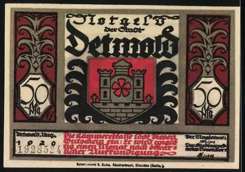 Notgeld Detmold, 1920, 50 Pf, Silhouetten und Stadtwappen, Serie 4, rote und schwarze Gestaltung