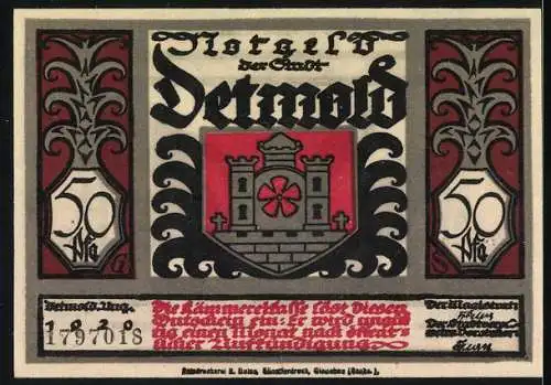 Notgeld Detmold, 1920, 50 Pfennig, dem armen römischen Heere, Transport von Gefangenen, Wappen