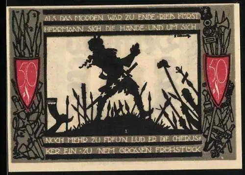 Notgeld Detmold 1920, 50 Pfennig, Silhouette von Fürst Herrmann und Wappen mit Burgtor