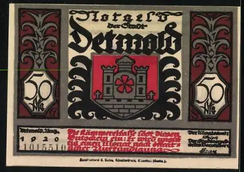 Notgeld Detmold 1920, 50 Pfennig, Silhouette von Fürst Herrmann und Wappen mit Burgtor