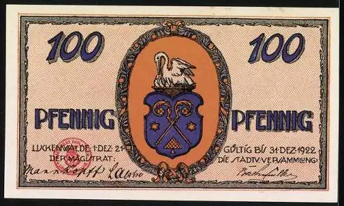 Notgeld Luckenwalde, 1921, 100 Pfennig, Stadtansicht und Stadtwappen, Gültig bis 31. Dez. 1922