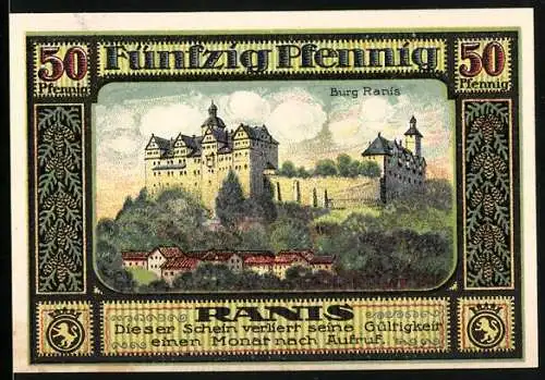 Notgeld Ranis, 1921, 50 Pfennig, Burg Ranis und Kreishaus mit Schlössern Brandenstein und Ziegenrück