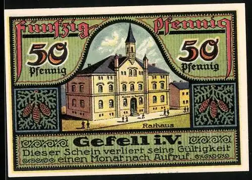 Notgeld Ranis, 1921, 50 Pfennig, Gefell i.V., Rathaus und Kreishaus, Schlösser Brandenstein und Ziegenrück