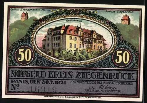 Notgeld Ranis, 1921, 50 Pfennig, Gefell i.V., Rathaus und Kreishaus, Schlösser Brandenstein und Ziegenrück