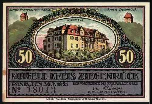 Notgeld Ranis 1921, 50 Pfennig, Ziegenrück Geplante Saaletalsperre und Kreishaus