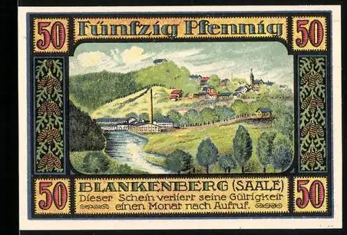 Notgeld Ranis 1921, 50 Pfennig, Blankenberg, Landschaft mit Fabrik und Häusern, Rückseite Kreishaus und Schlösser