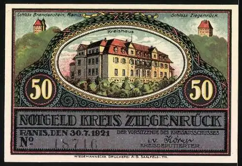 Notgeld Ranis 1921, 50 Pfennig, Blankenberg, Landschaft mit Fabrik und Häusern, Rückseite Kreishaus und Schlösser