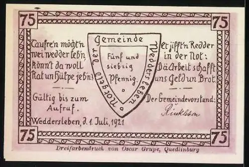 Notgeld Weddersleben, 1921, 75 Pfennig, Ein Blick nach der Teufelsmauer