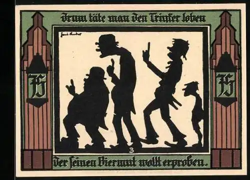 Notgeld Glauchau, 1921, 75 Pfennig, Burg und Silhouetten von Personen in verschiedenen Posen