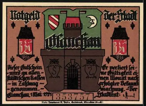 Notgeld Glauchau, 1921, 15 Pfennig, zwei Bürgermeister diskutieren am Tisch, Stadttor mit Wappen und Seriennummer