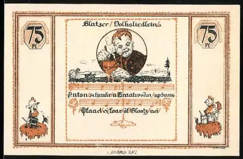 Notgeld Glatz, 1921, 75 Pfennig, Illustration eines Mannes mit Bier und Stadtansicht