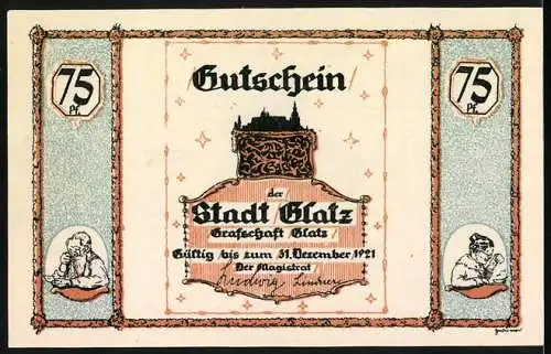 Notgeld Glatz, 1921, 75 Pfennig, Illustration eines Mannes mit Bier und Stadtansicht