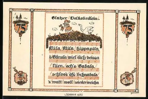 Notgeld Glatz, 1921, 75 Pfennig, Glatzer Volksliedlein und Stadtansicht mit Gültigkeitsdatum