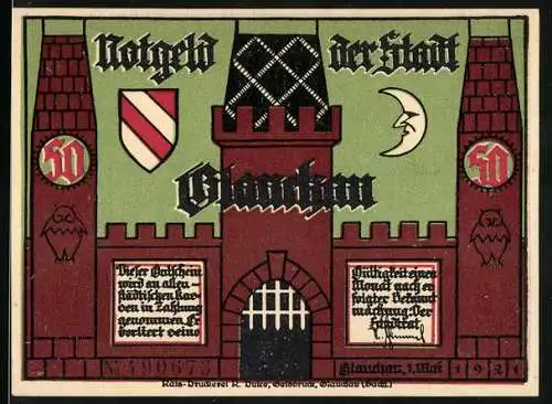 Notgeld Glauchau 1920, 50 Pfennig, Burg und Silhouette des Bürgermeisters mit Familie