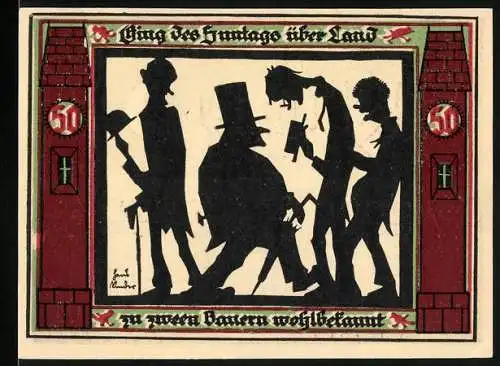 Notgeld Glauchau, 1921, 50 Pfennig, Stadtwappen mit Burg und Spruchbänder, Silhouetten von Figuren