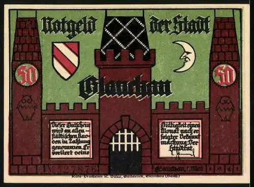 Notgeld Glauchau, 1921, 50 Pfennig, Stadtwappen mit Burg und Spruchbänder, Silhouetten von Figuren