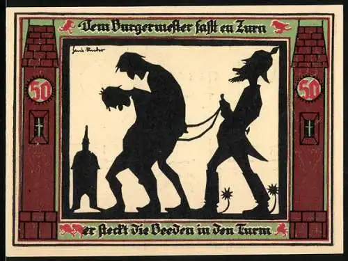 Notgeld Glauchau, 1920, 50 Pfennig, Silhouetten von Gefangenen und Wachturm, farbige Burgillustration mit Schilden