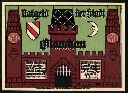 Notgeld Glauchau, 1920, 50 Pfennig, Silhouetten von Gefangenen und Wachturm, farbige Burgillustration mit Schilden