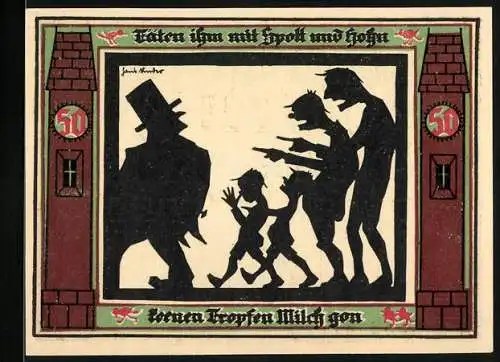 Notgeld Glauchau, 1920, 50 Pfennig, Silhouetten von Menschen und eine Burg mit Wappen und Mond